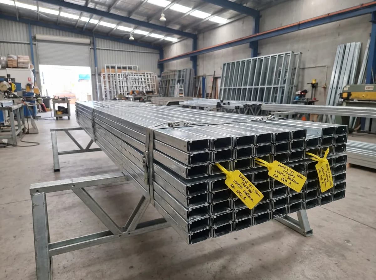 Bundle of galvanised steel wall framing strapped on a factory trestle with yellow job tags