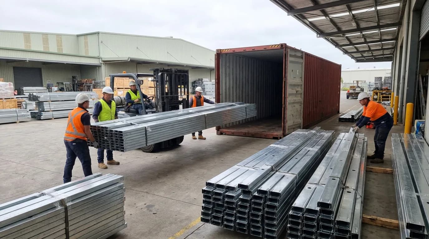 Crew and a forklift loading long steel framing bundles into a shipping container at the yard