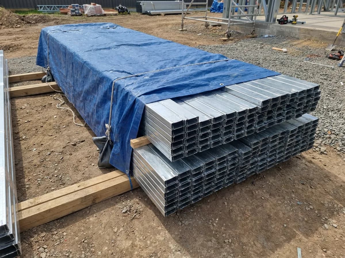Steel framing bundles stacked on timber bearers on site, part-covered by a tarpaulin