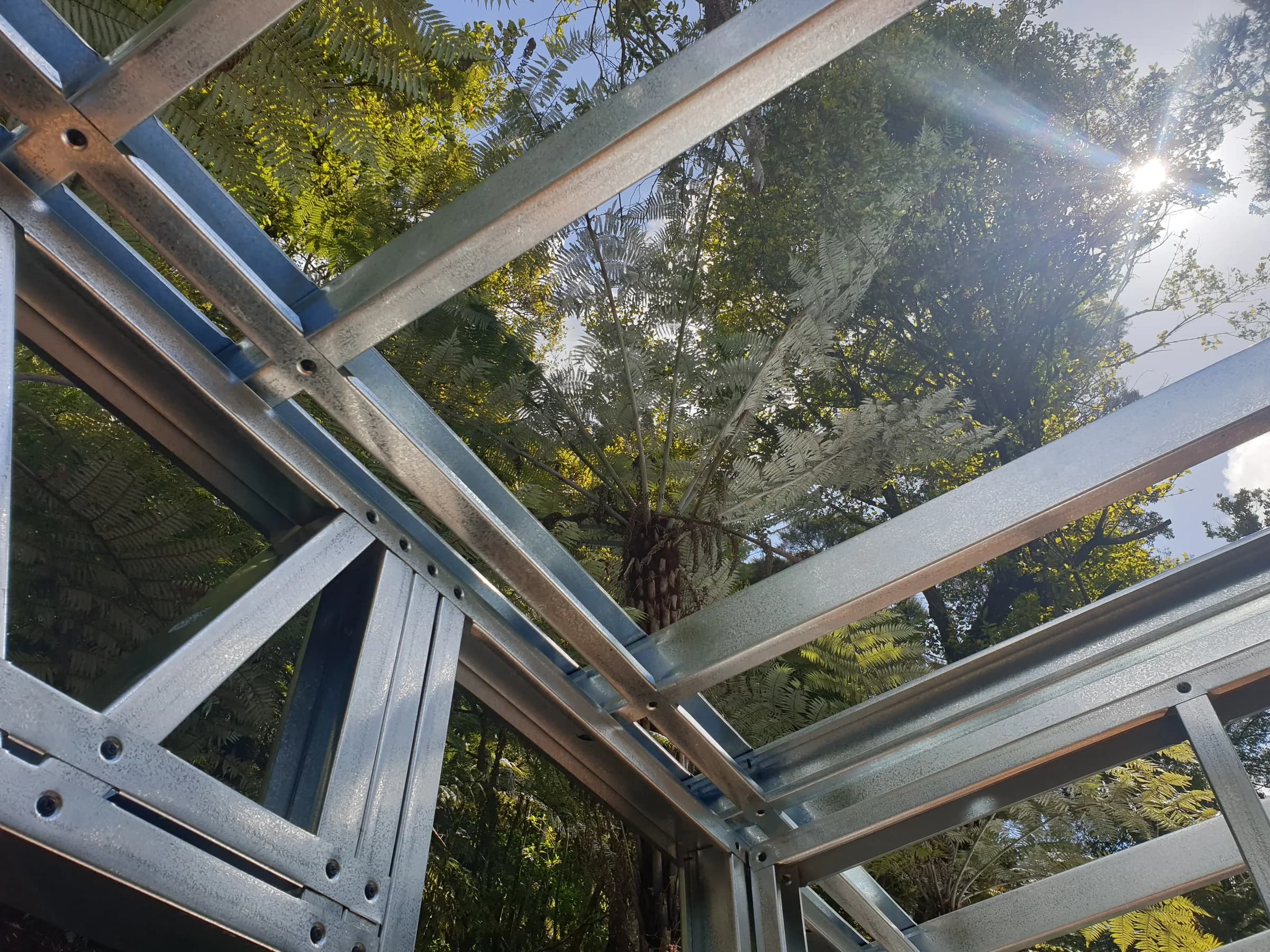 Looking up through light gauge steel roof framing to trees and sky